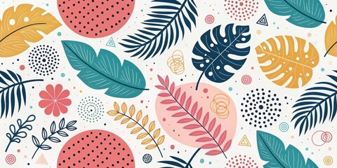 A Colorful Abstract Floral and Leaf Pattern Design Featuring Various Shapes and Botanical Elements