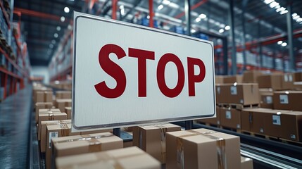 Obraz premium Distribution Warehouse Conveyor Halt, Stop Sign, Cardboard Boxes, Logistics, Supply Chain
