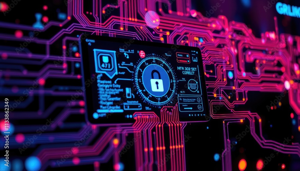 Poster digital security interface displaying a locked padlock on circuit board