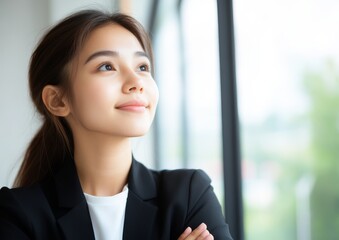 Young Woman in Formal Attire Looking Upwards with Hopeful Expression