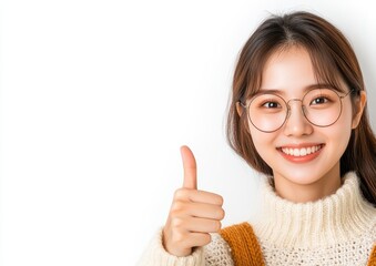 Happy young woman with glasses giving thumbs up on white background