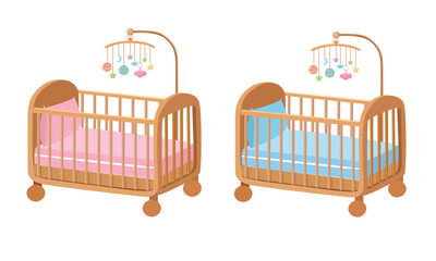 Baby crib vector. Wooden crib clipart with hanging mobile. Baby bedding flat vector in cartoon style isolated on white background.