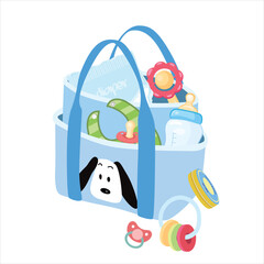 Diaper bag vector. Mom accessories set, nursery, daily mother bag to go outside. Mommy nappy bag. Baby element. baby shower clipart. Flat vector  in cartoon style isolated on white background.