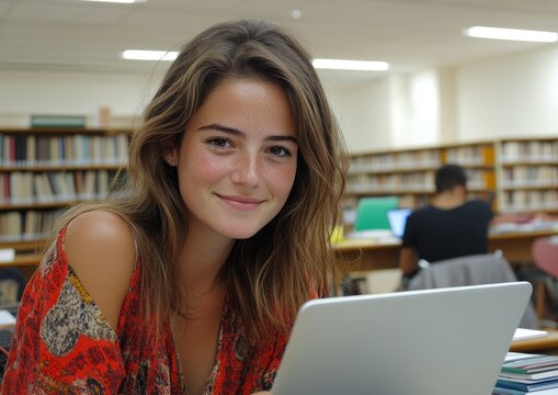 Student at Library Using Laptop with Books in Background