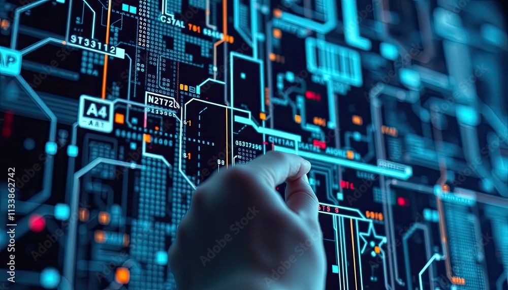 Poster hand interacting with a futuristic digital interface showing complex data streams
