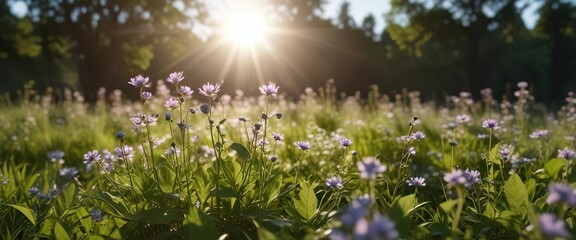 Sunlight filtering through wilde malve plant in meadow, calm, serenity, sunbeam, tranquil, peaceful