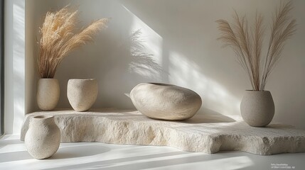 Minimalist Interior Décor with Natural Stone Base and Elegant Vases, Showcasing Dried Decorative Plants in Soft Natural Light