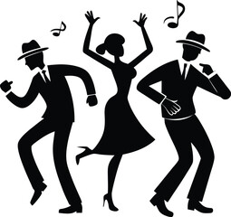 Silhouette Swing Dancers: Vintage Style Illustration of People Dancing to Jazz Music, Retro Party Graphic, Black and White Vector Art