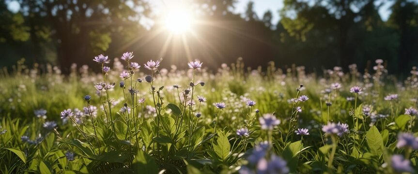 Sunlight filtering through wilde malve plant in meadow, calm, serenity, sunbeam, tranquil, peaceful