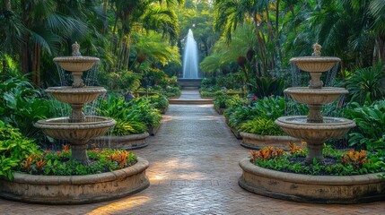 A serene garden featuring fountains, lush greenery, and vibrant flowers, inviting relaxation.