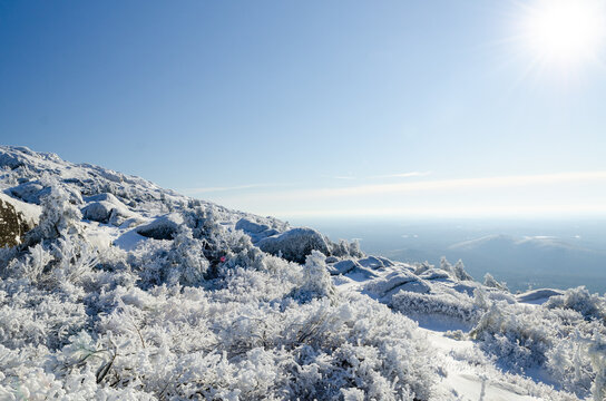 Winter landscape of Mount Monadnock in New Hampshire showcasing a snow-covered terrain and frost-covered trees under a clear blue sky