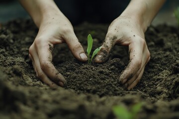 Hands Nurturing Seeds in Rich Soil for Growth and Healing in Nature. Generative AI