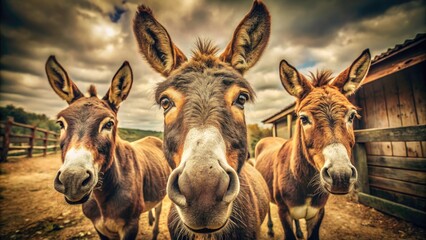 Fototapeta premium Nostalgic donkey portraits: charming vintage photos showcasing their inquisitive nature.