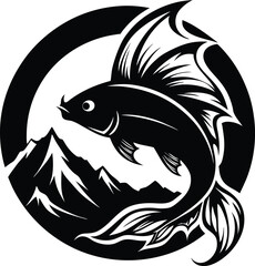 Naklejka premium Black and White Koi Fish Logo Design: Mountain Background, Circular Frame, Elegant Fish Illustration, Vector Art