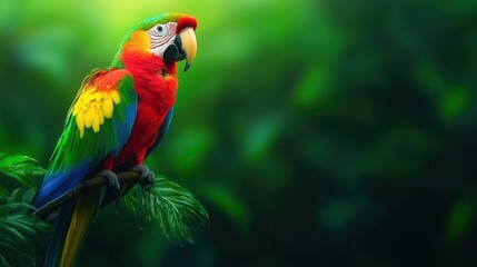 Fototapeta premium Vibrant Parrot Perched on Leaf Against Lush Green Background