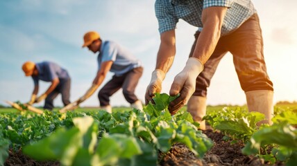 Fototapeta premium Farmers harvesting fresh greens in a sunlit field.