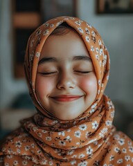 Portrait of a Peaceful Young Girl Wearing a Floral Hijab