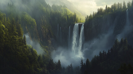 Towering waterfall surrounded by dense forest with morning light breaking through fog