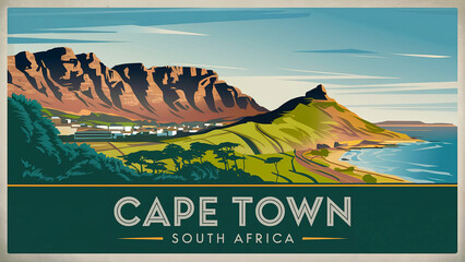 Vintage Travel Poster Illustration of Cape Town with Table Mountain, Green Foreground, and Blue Ocean