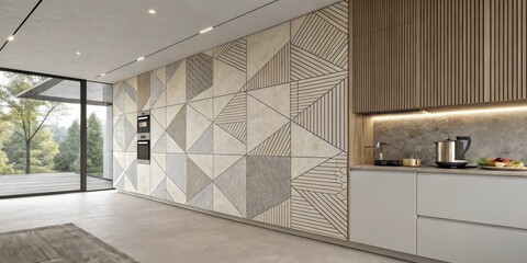 Obraz premium Modern kitchen design with geometric wall paneling and minimalist cabinetry