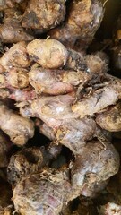 Close up pile of tasty fresh aromatic ginger sold at the market as a background.	
