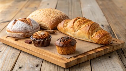 Naklejka premium A rustic wooden board displays an assortment of freshly baked breads and muffins, perfect for a delightful morning treat.