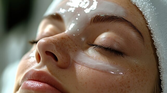 A person receiving a facial treatment with a gel mask applied to their skin.