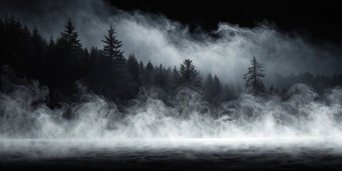 Fototapeta premium Eerie Dark Forest Landscape with Thick, Rolling Fog at Night