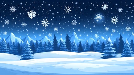 Snowy winter landscape with mountains and pine trees under a night sky filled with snowflakes.