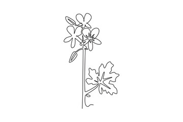 Single one line drawing beauty fresh geranium for wall decor home art poster print. Printable decorative cranesbills flower for invitation card. Continuous line draw design graphic vector illustration