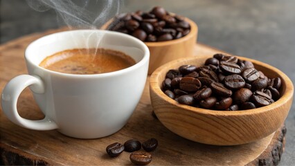 Fototapeta premium Aromatic espresso in a white cup, steaming, alongside bowls of roasted coffee beans on a wooden surface.