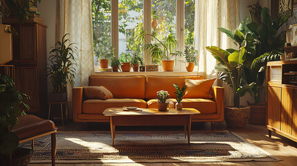 A living room with a couch, coffee table, and potted plants