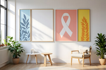 Modern waiting room with colorful wall art and green plants