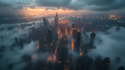 Fototapeta premium Aerial view of a city skyline at dusk, shrouded in fog with glowing lights.
