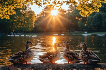 Fototapeta premium Four ducks perched on a log at sunset by a calm lake, surrounded by autumnal trees. Golden hour light bathes the scene.
