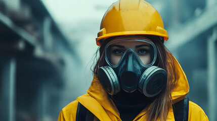 A woman adorned in a vibrant yellow helmet and protective gas mask stands confidently in a hazardous work environment. Her sturdy attire hints at the dangerous nature of her surroundings.