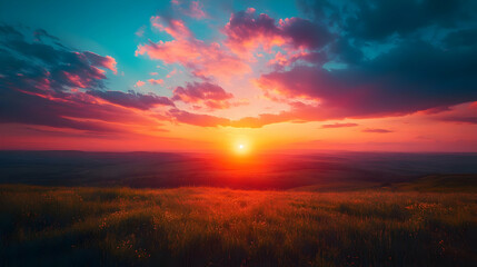 Obraz premium A vibrant sunset over rolling hills, casting warm hues across the landscape.