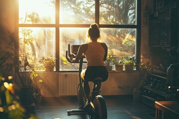 Woman cycling indoors, sunlit room, plants.