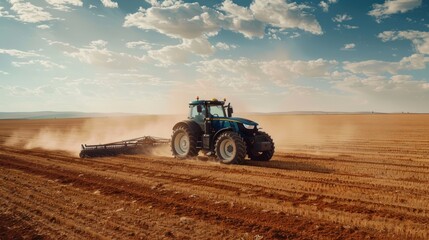 Obraz premium Tractor cultivating a field at sunset.