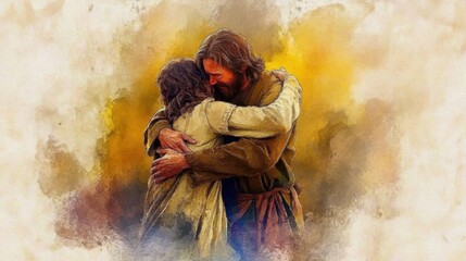 A heartfelt depiction of forgiveness from the father to his returning son in watercolor art.