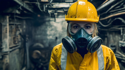 A woman adorned in a vibrant yellow helmet and protective gas mask stands confidently in a hazardous work environment. Her sturdy attire hints at the dangerous nature of her surroundings.