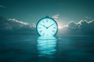 A surreal clock partially submerged in water, symbolizing the passage of time and tranquility.