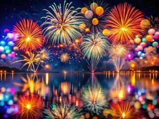 Naklejka premium Macro fireworks illuminate Lake's festive night, floating lights celebrating.