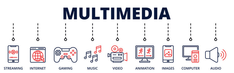 Multimedia banner web icon with contains streaming, internet, gaming, music, video, animation, images, computer, audio