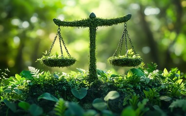 Environmental law concept, green justice symbolized by law scales and healthy ecosystems, vibrant greenery, ecofriendly legal balance, AI generative art