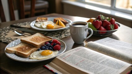 A peaceful morning breakfast scene featuring fried eggs, toast, berries, and a cup of coffee, alongside an open book