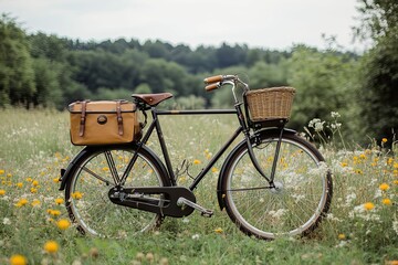 Fototapeta premium Dark bicycle, bags, basket, wildflowers, scenic field.