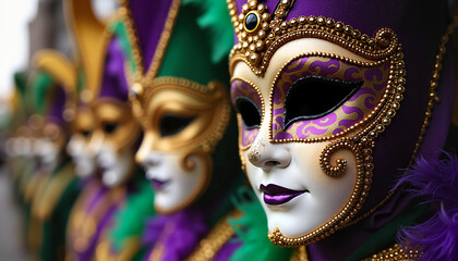 Close-up of decorative Mardi Gras masks with vibrant colors and festive details
