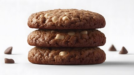 Stack of three oatmeal cookies with white chocolate chips, scattered chocolate chips around.