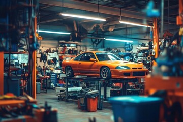Fototapeta premium Tools and equipment in action within an automotive repair environment.